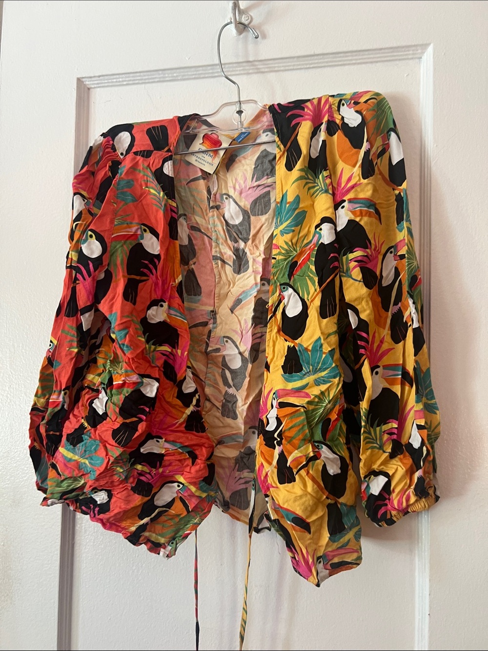 FARM Rio Toucan Print Mixed Color Open Front Top - Yellow, Red, Black